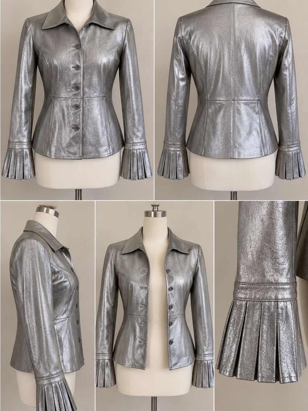Vintage Spiegel Metallic Silver Genuine Leather Jacket Pleated Cuffs Y2K
